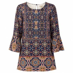 Boho Revival Paisley Shift Dress Womens Size‎ 2 Bell Sleeve Medallion Festival